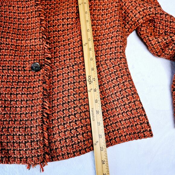 🦃 Kasper Petite Single Button Blazer Orange Black Tweed Woven Fringe Edge 12 P - Picture 10 of 11